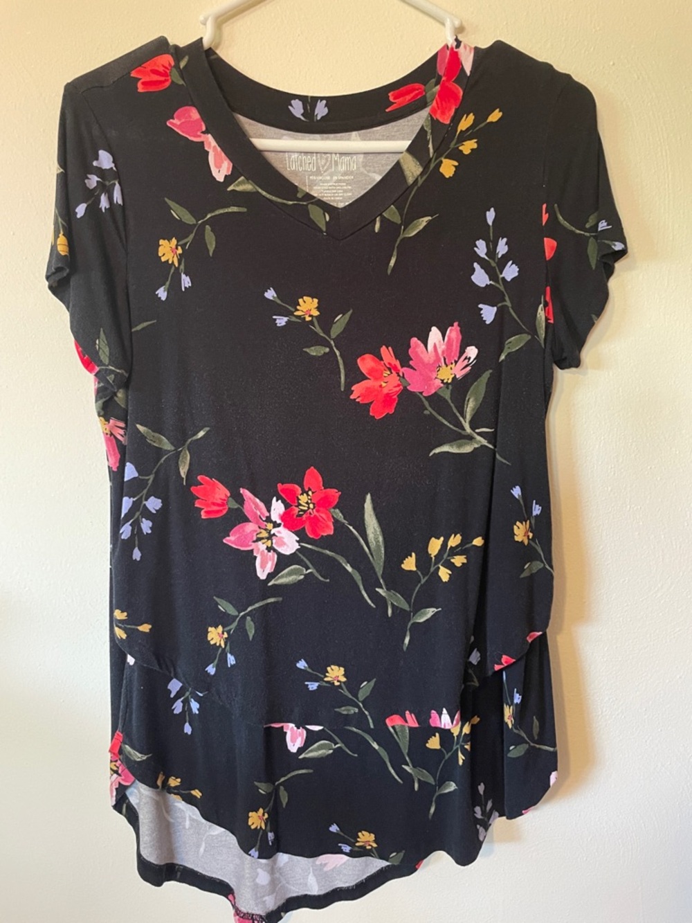 Latched Mama Black Floral V-Neck Tunic with Pink and Red Blooms